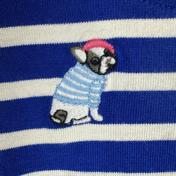 Talbots Embroidered Frenchie Dogs Royal Blue and White Striped Cotton Top sz  L - Picture 2 of 8